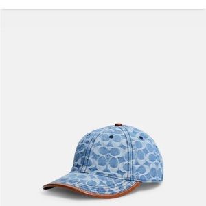NWT Denim Coach monogram baseball cap with tan leather trim.